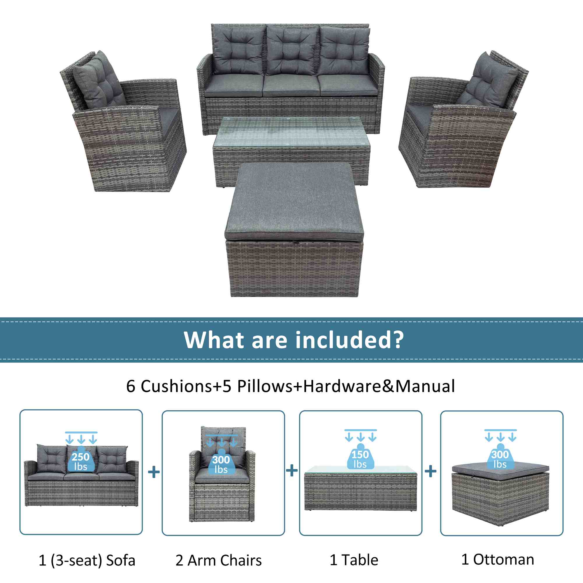 Patio Sofa Set With Storage Bench Rattan Sofa Set 5pcs Outdoor Furniture Set With Glass Table (6)