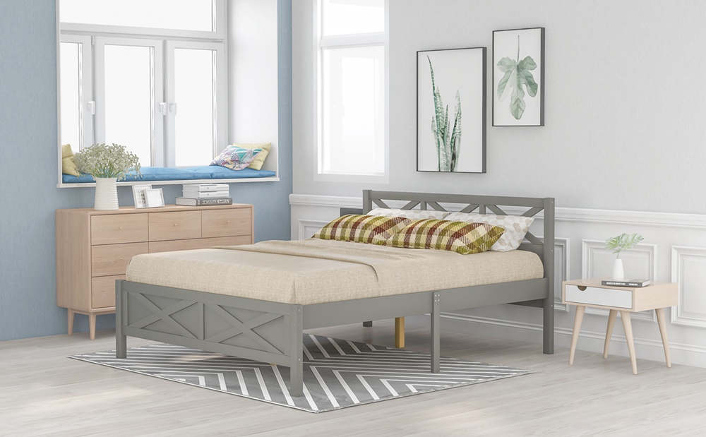 Full Size Wooden Platform Bed With Extra Support Legs X Shaped Frame