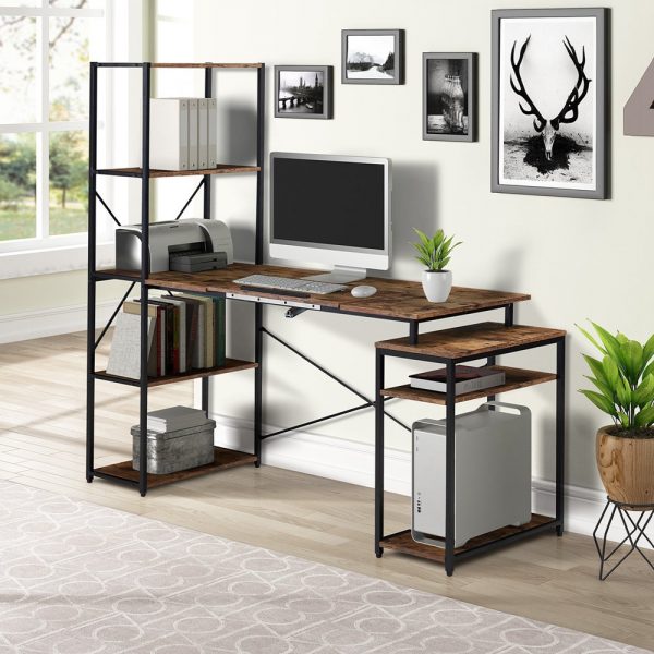 Home Office Computer Desk With 5 Tier Bookshelf And 2 Open Storage Shelf (15)