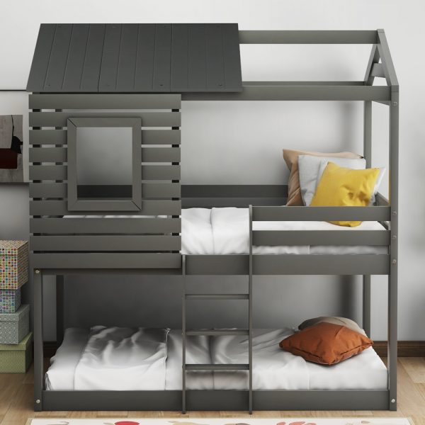 Twin Over Twin Bunk Bed Wood Loft Bed With Roof Window (12)